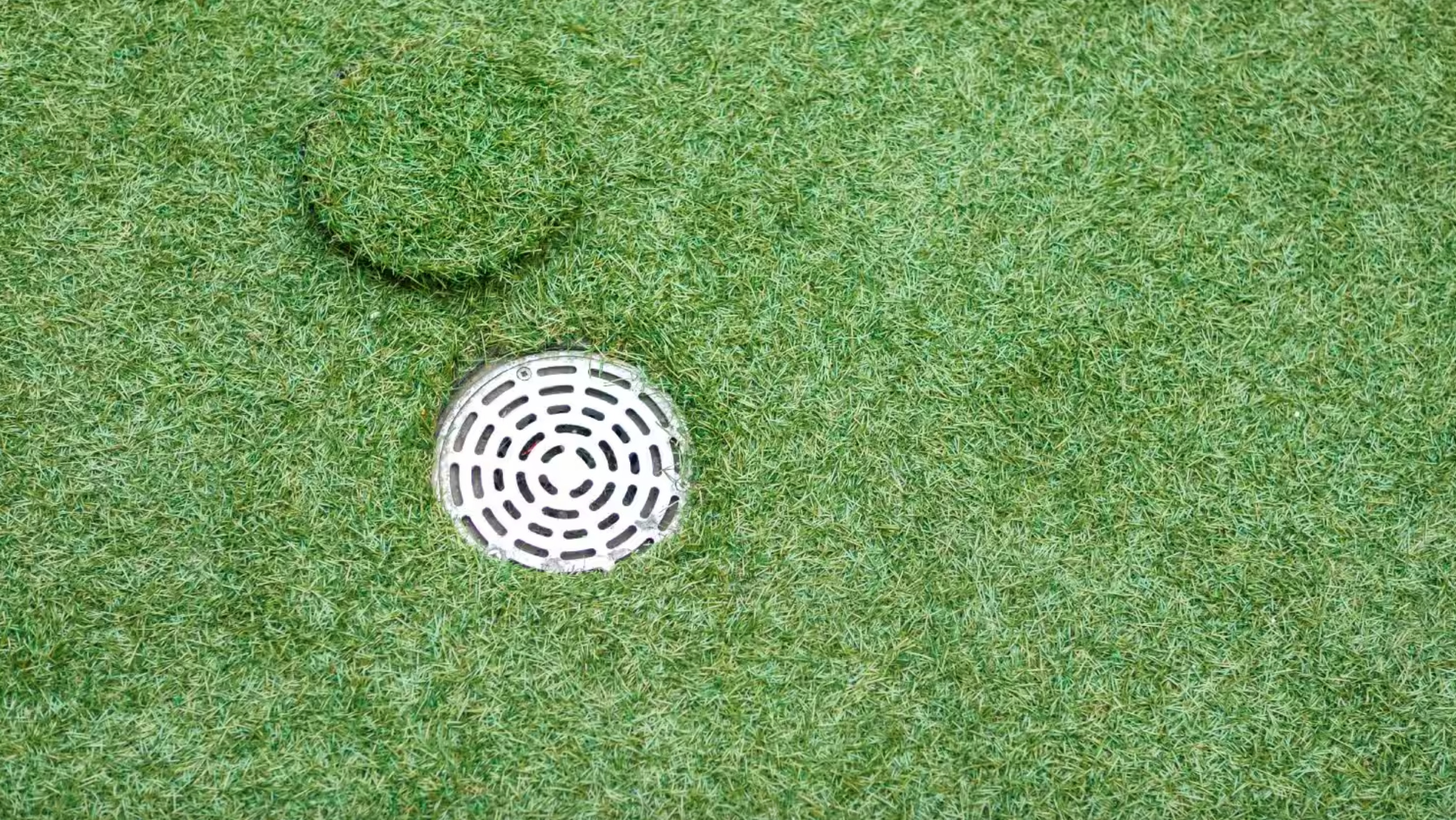 A water drain installed in a turf in a Las Vegas backyard with a hidden lid.